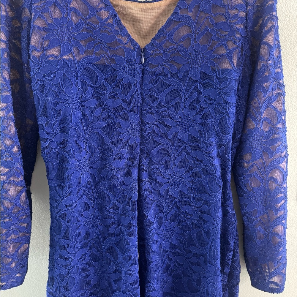 Royal Blue Floral Lace Sheath Dress Size 14 P Lauren Ralph - Picture 8 of 9